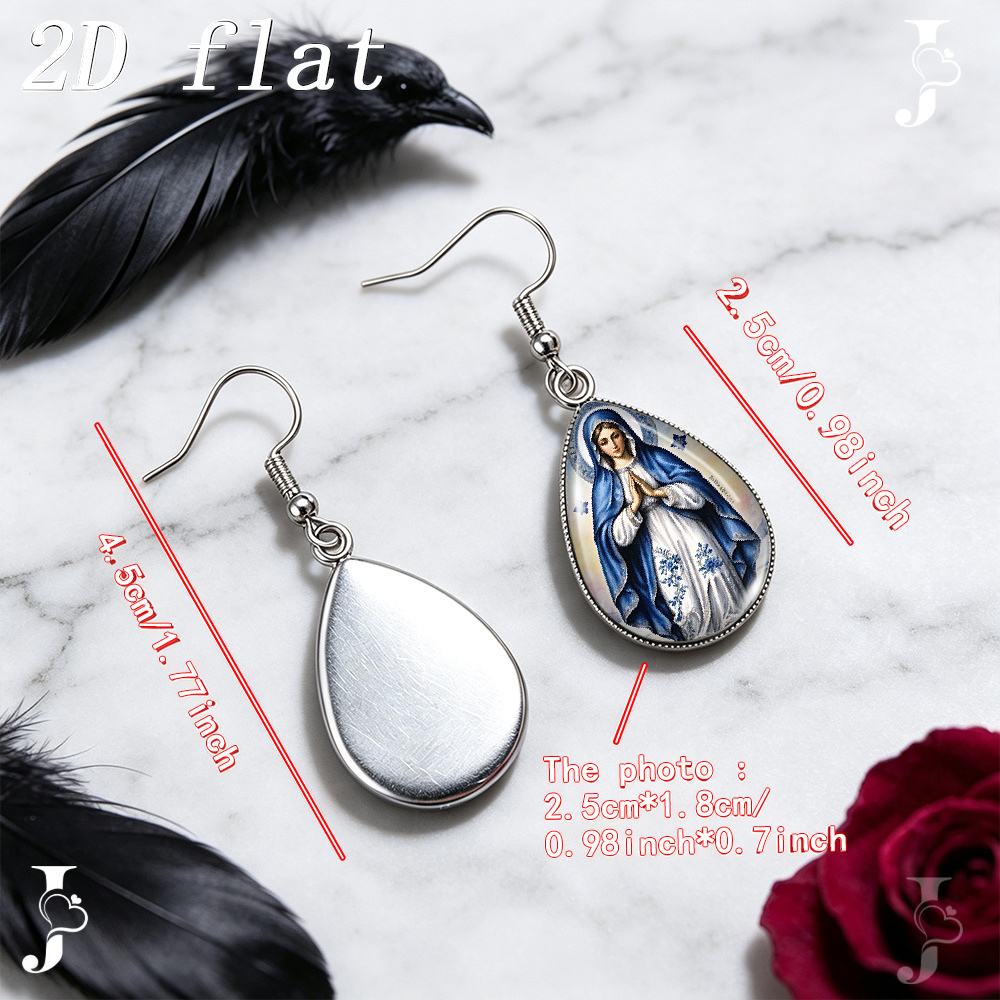 Virgin Mary Praying Pattern Teardrop Dangle Earrings, Handmade Gift